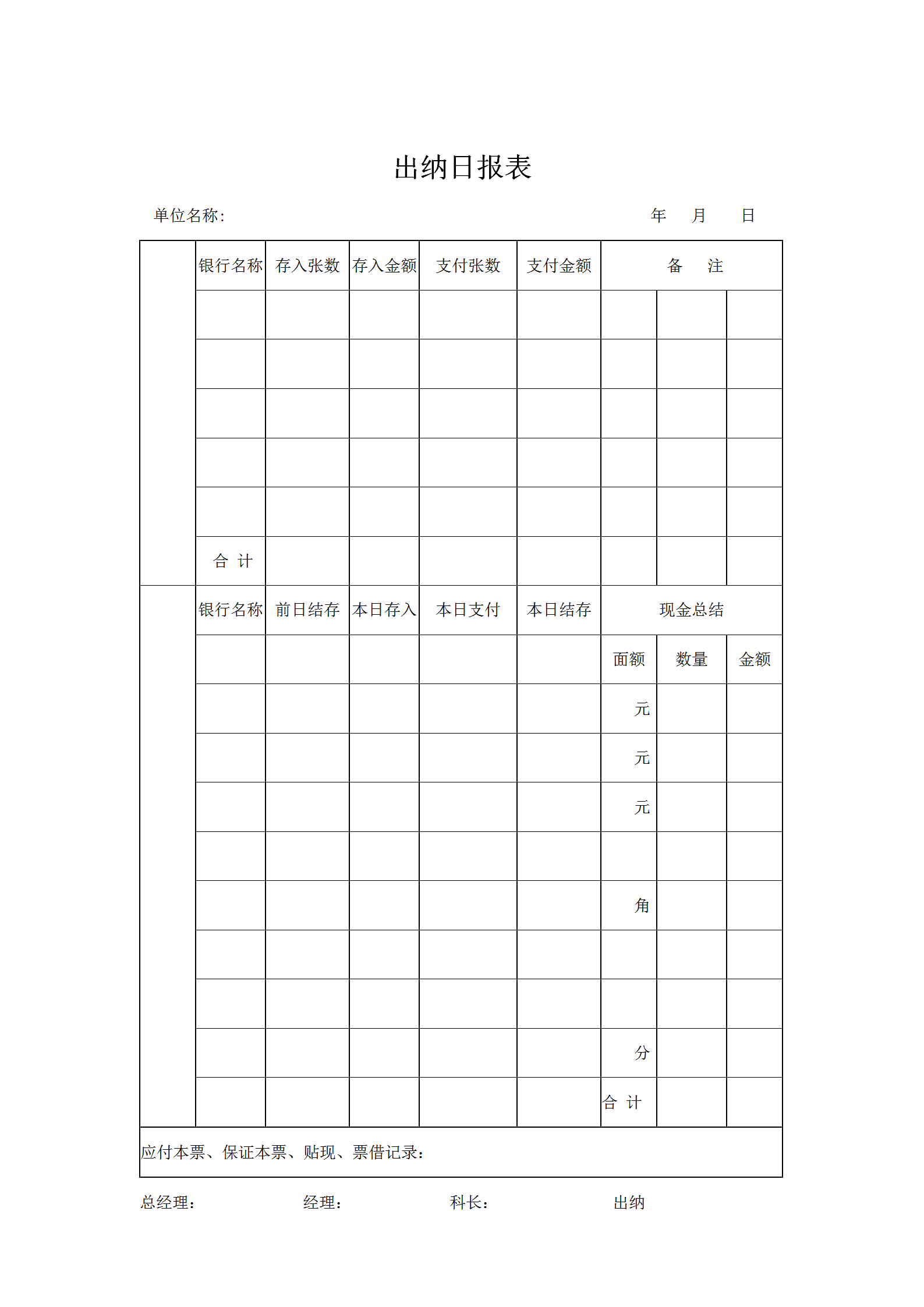 财务出纳日统计报表word模板