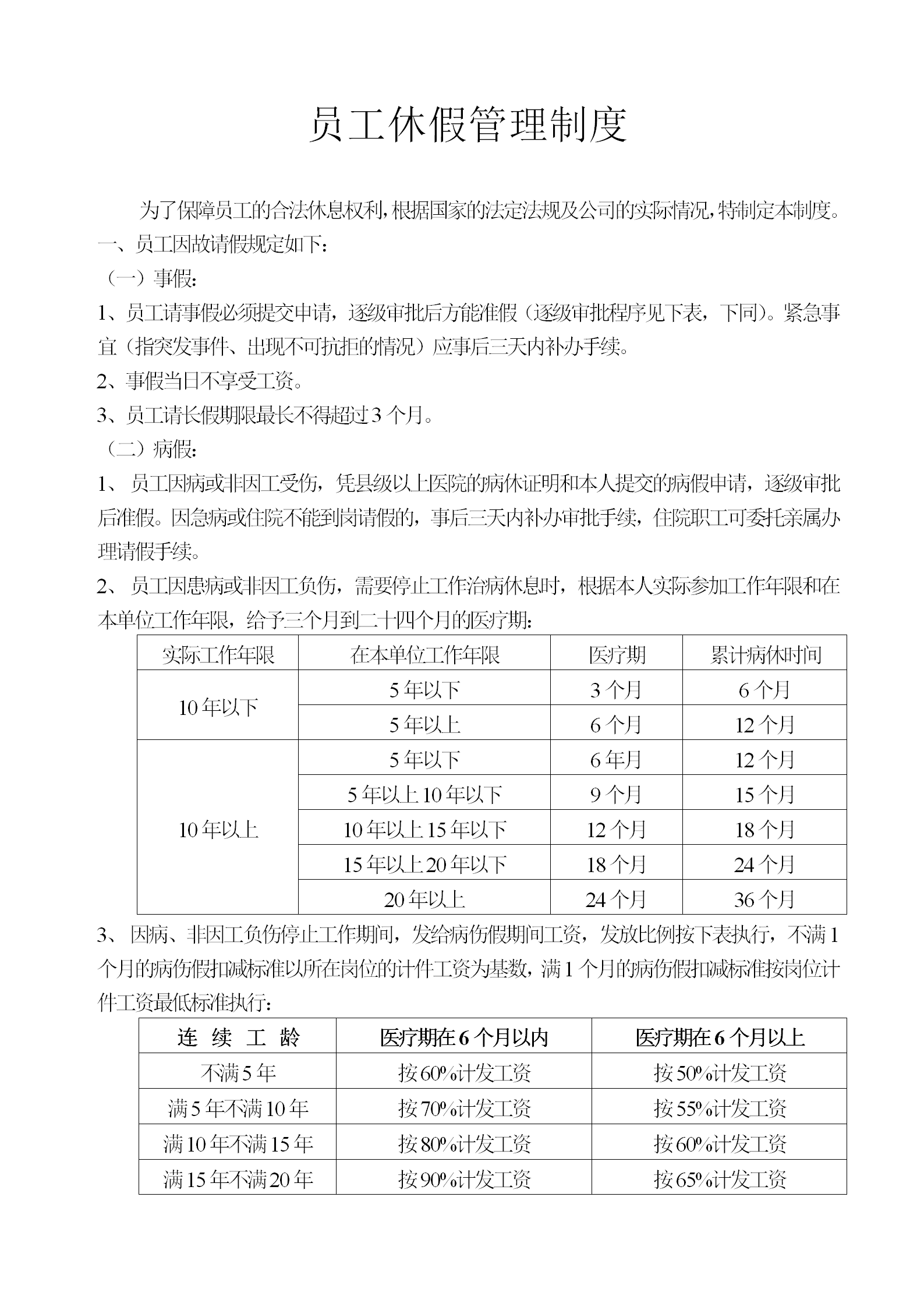 员工休假管理制度word模板