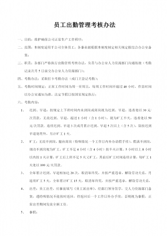 员工出勤管理考核办法word模板