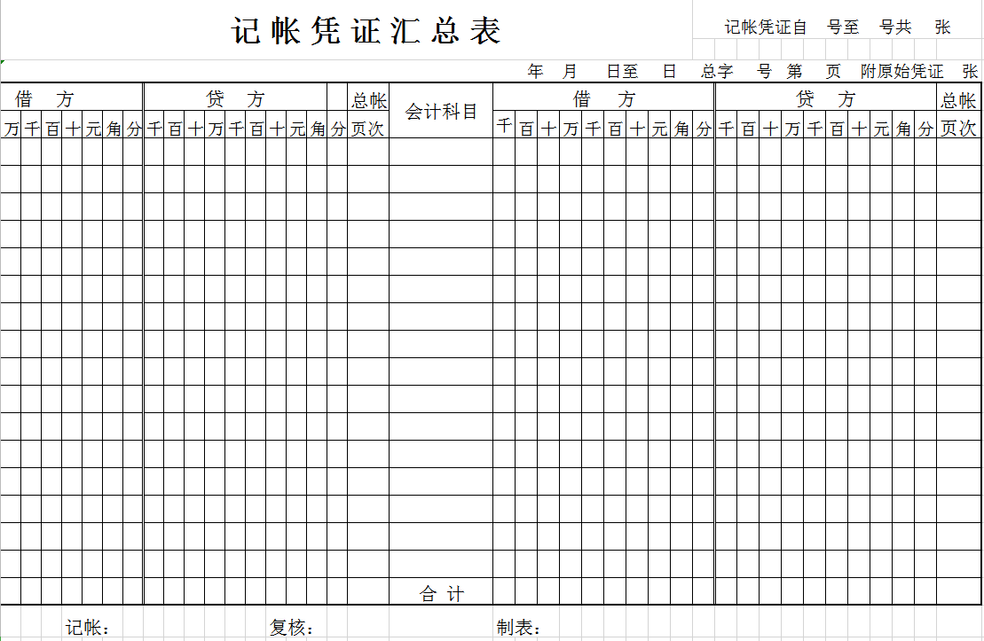 公司记帐凭证汇总表Excel模板