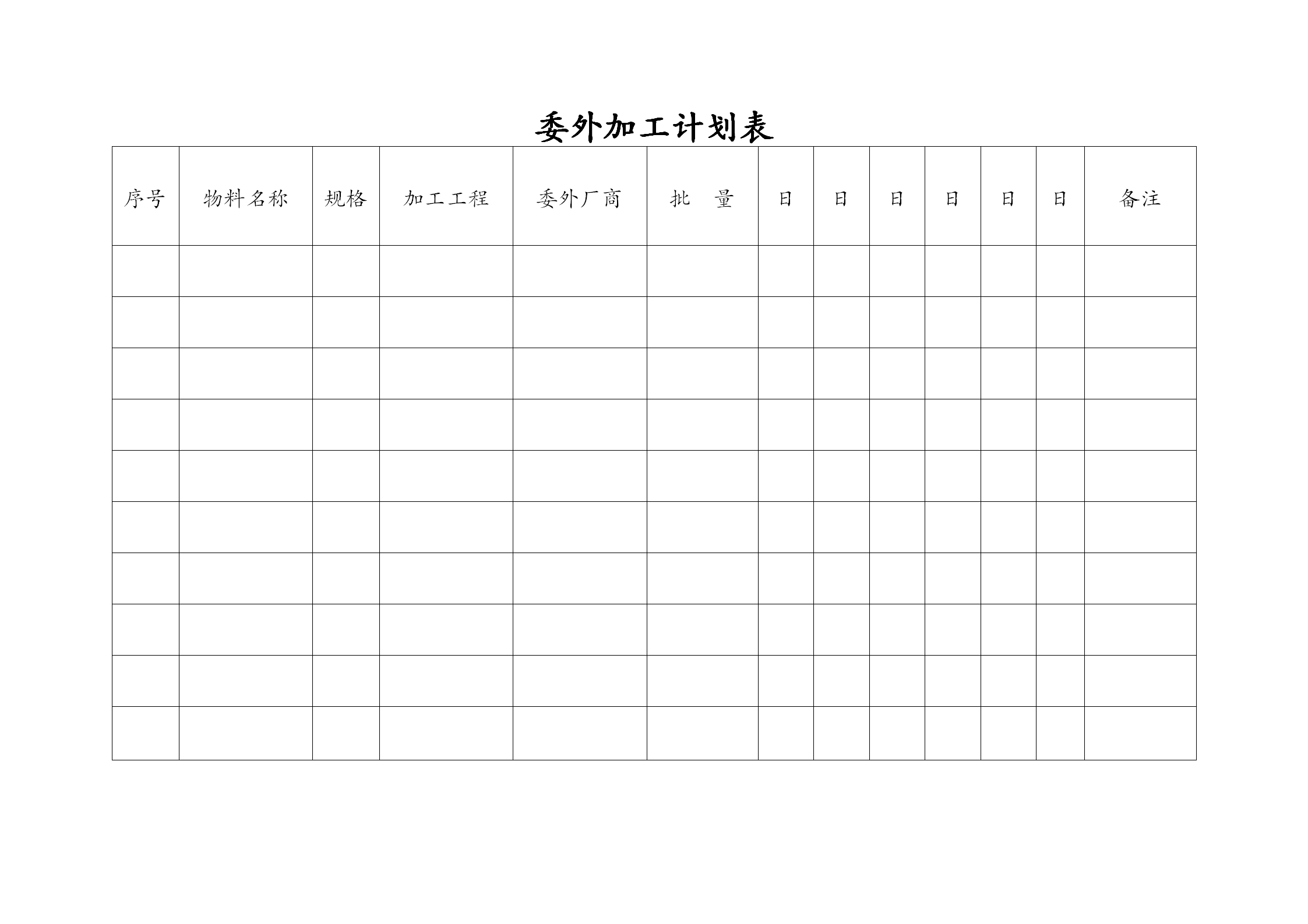 工厂委外加工计划表word模板