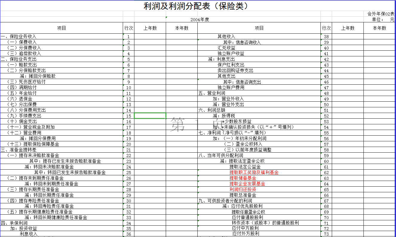 保险类外商投资企业会计报表Excel模板