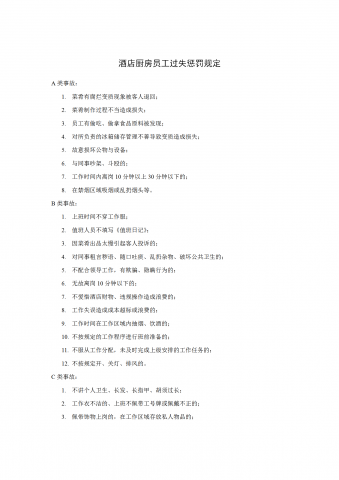 酒店厨房员工过失惩罚规定word模板