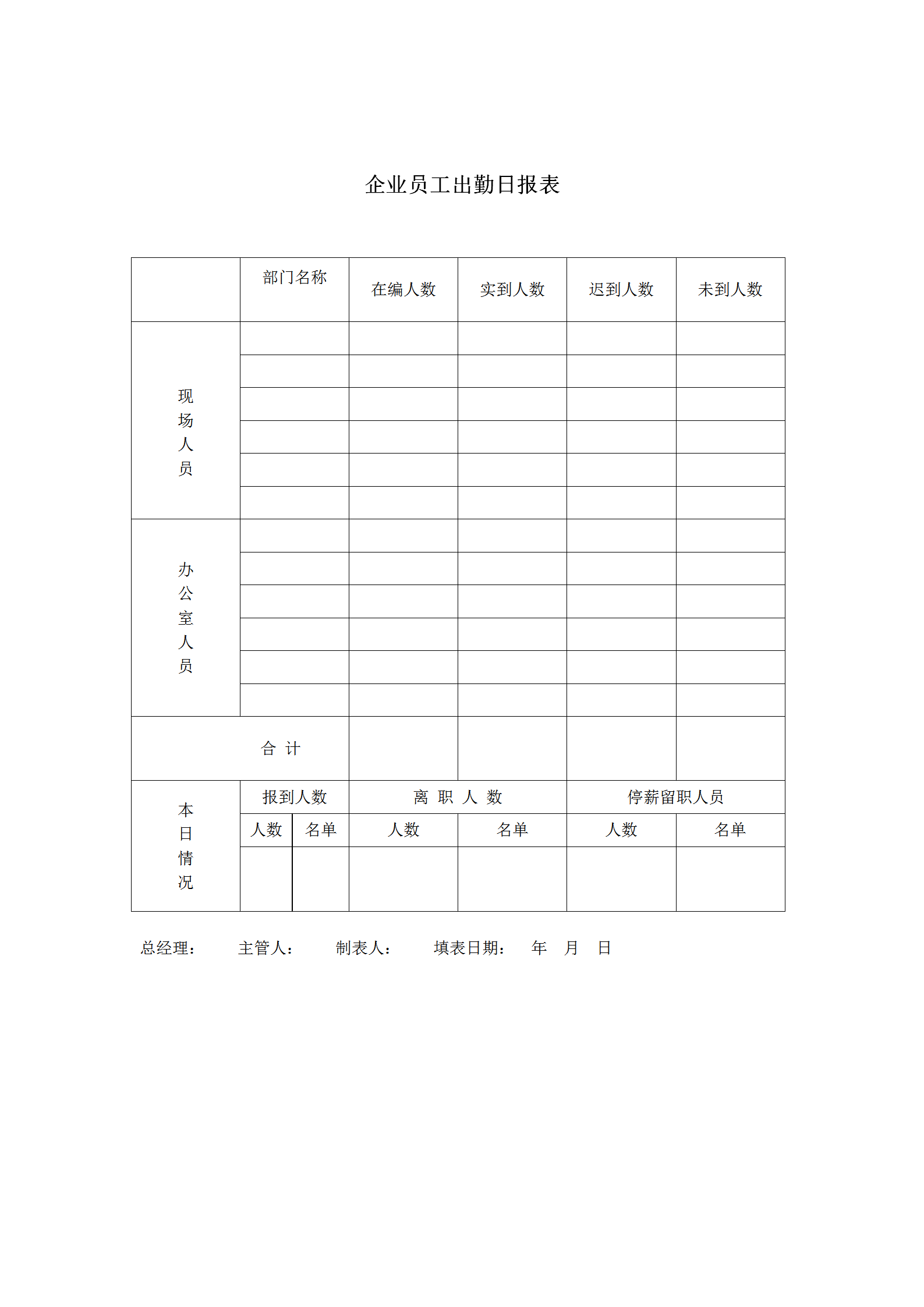 企业员工出勤日统计报表word模板