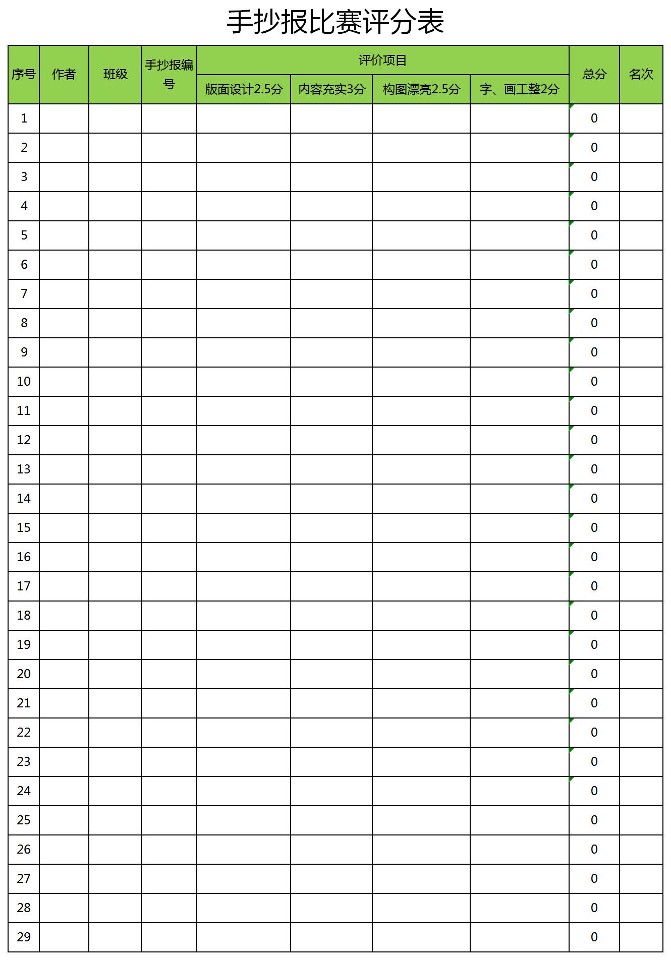 手抄报比赛评分表excel模板