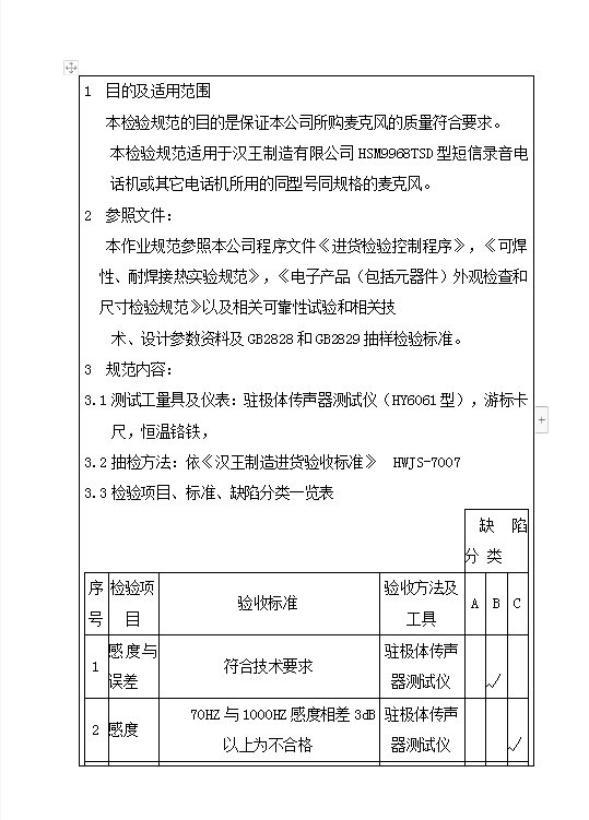 麦克风进货检验Word模板