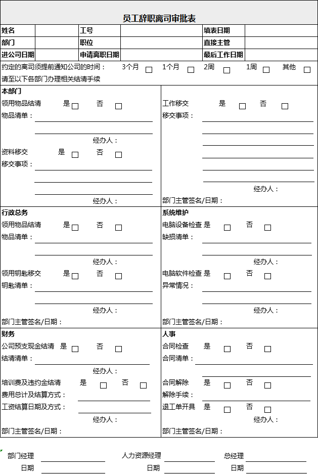 员工辞职离司审批表excel模板