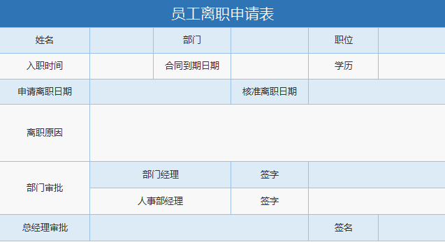 员工离职申请表excel模板