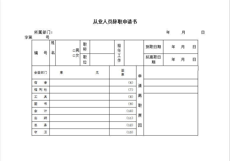 从业人员辞职申请书word模板