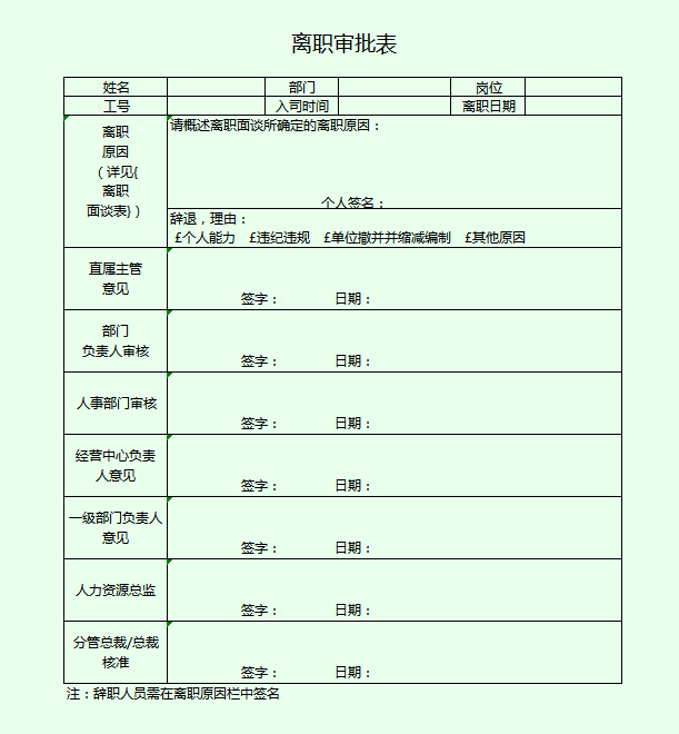 企业离职审批excel模板