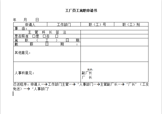 工厂员工离职申请书word模板