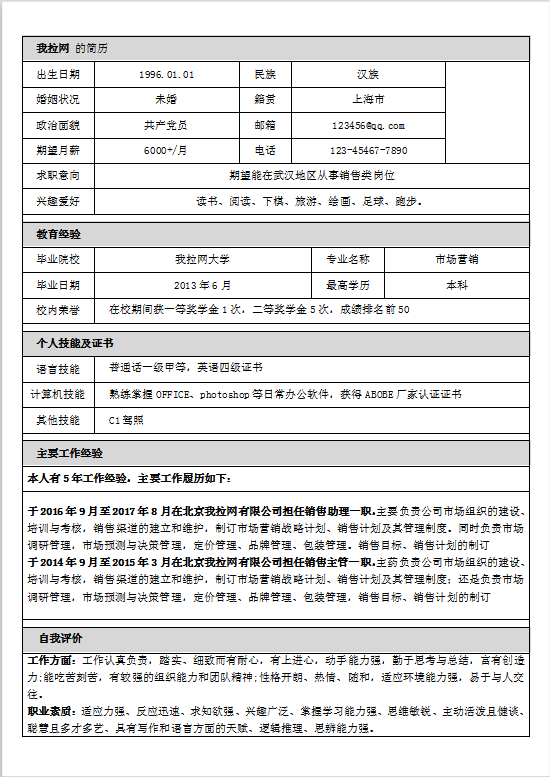 简约销售个人简历模板Word模板