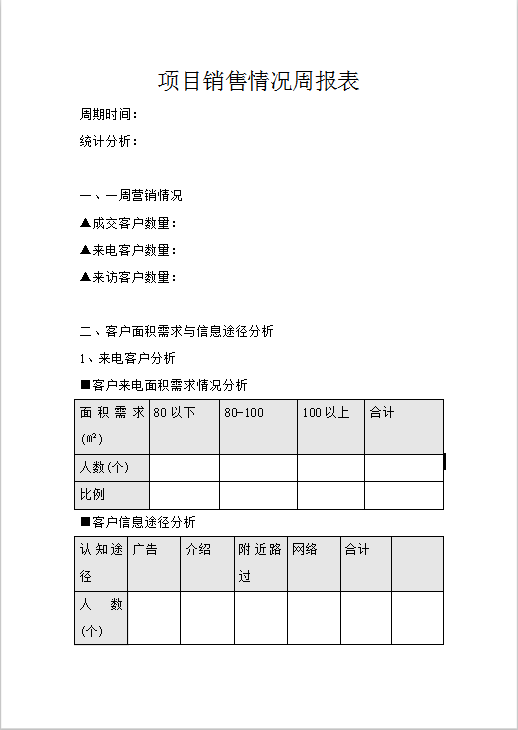 项目销售情况周报表word模板