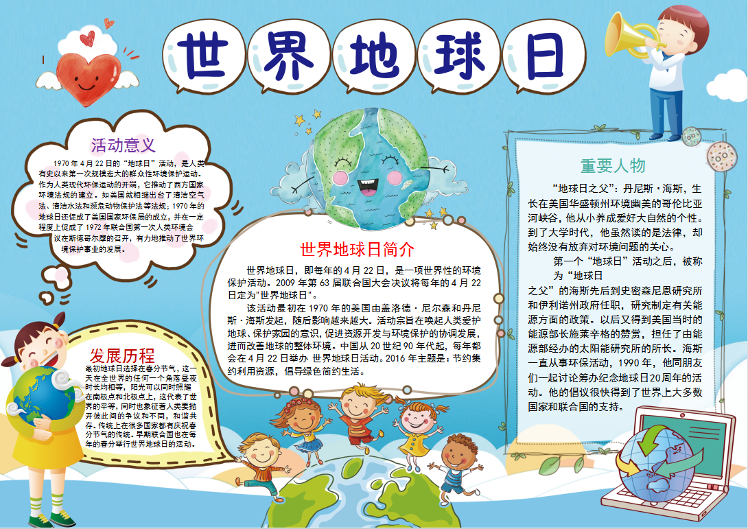 卡通可爱世界地球日简介手抄报Word模板