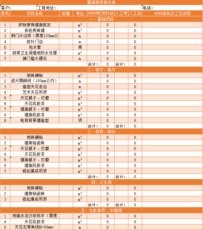 简约橙色基础装修报价表excel模板