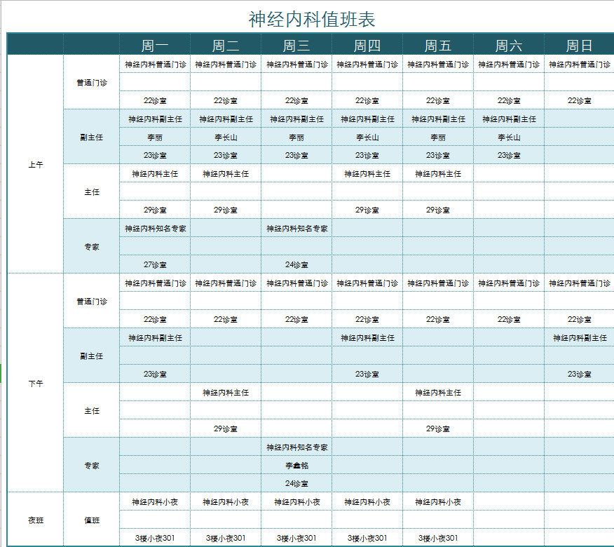 医院神经内科值班表excel模板