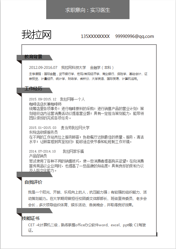 简洁实习医生求职简历Word模板