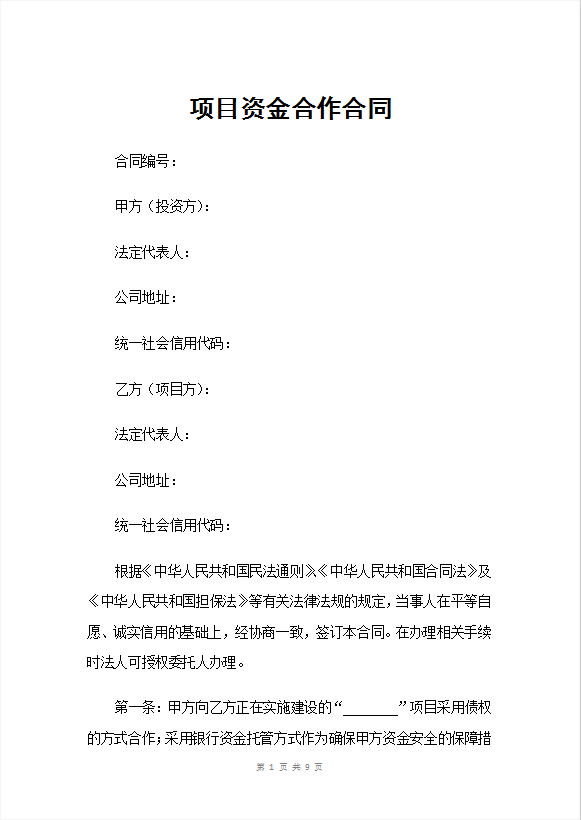 项目资金合作合同Word模板