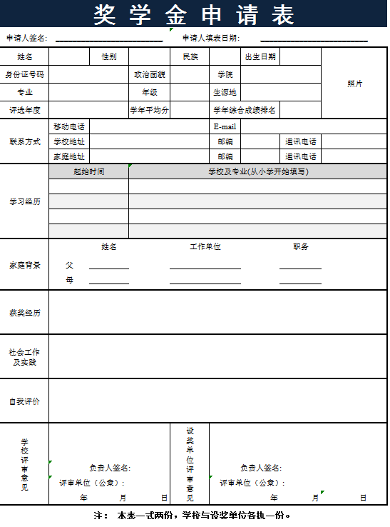 奖学金申请表excel模板