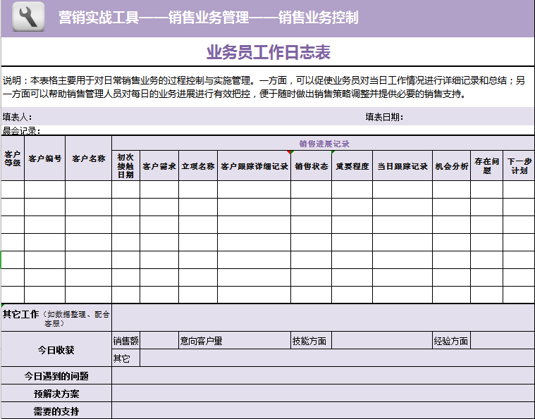 业务员工作日志表excel表格模板