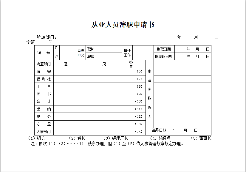 从业人员辞职申请书Word模板