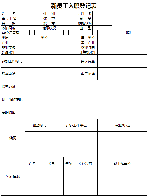 新员工入职登记表excel模板