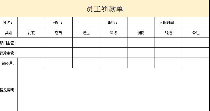 企业员工罚款单Excel模板