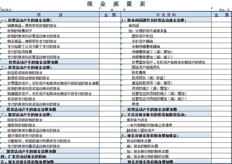 浅蓝色excel表格现金流量表