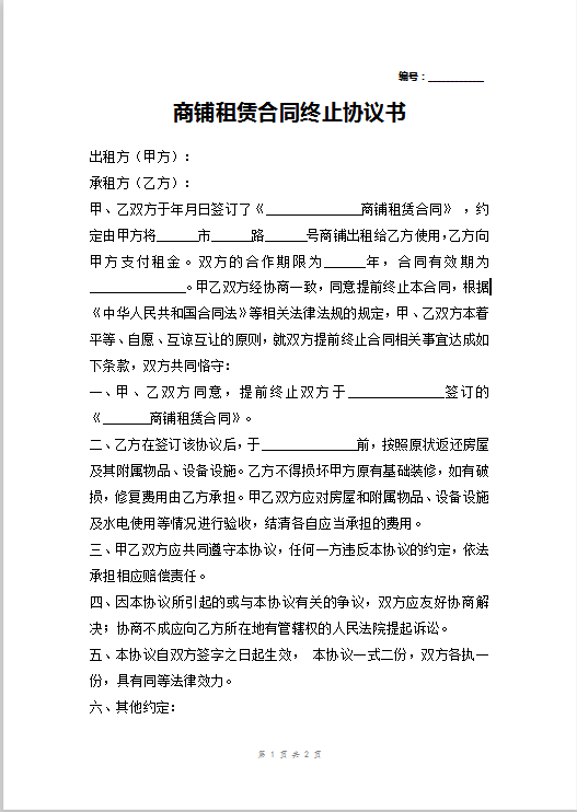 商铺租赁合同终止协议书Word模板