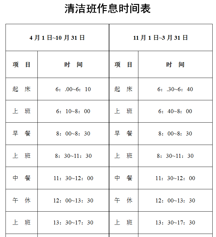 清洁班作息时间表规定模板