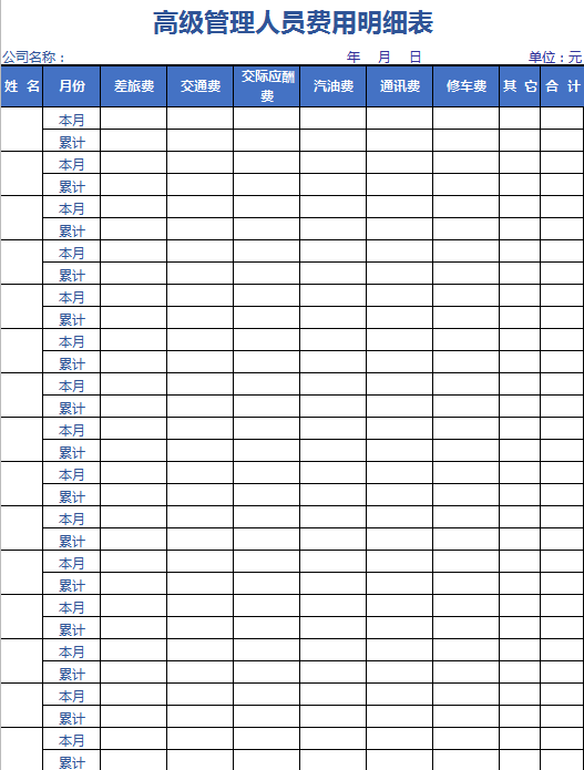 高级管理人员费用明细表excel表格模板
