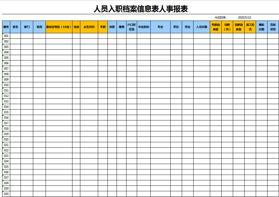 人员入职档案人事报表excel模板