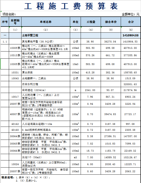 工程施工费预算表excel表格