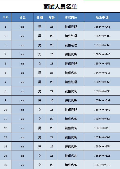 面试人员名单excel模板