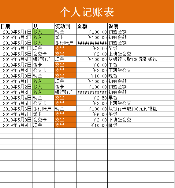 简约橙色个人记账表excel模板