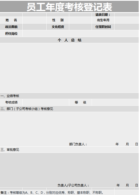 员工年度考核登记表excel模板