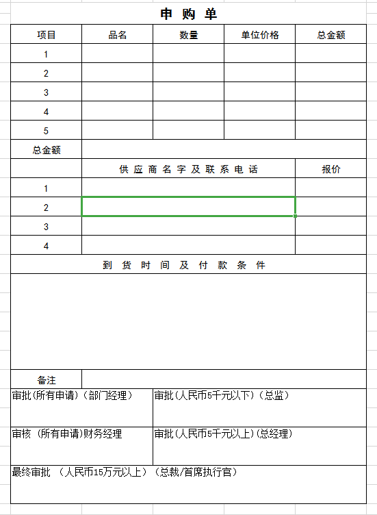 申购单excel模板