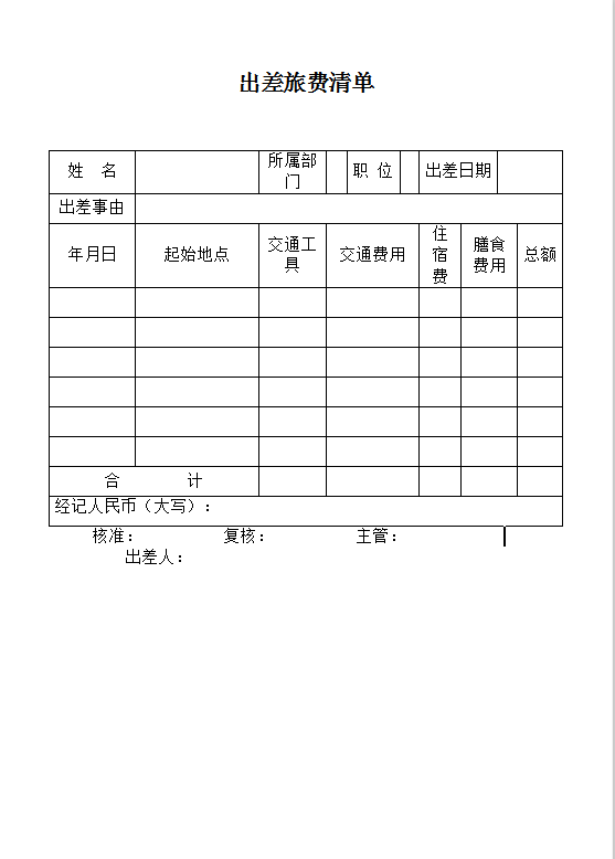 出差旅费清单Word模板