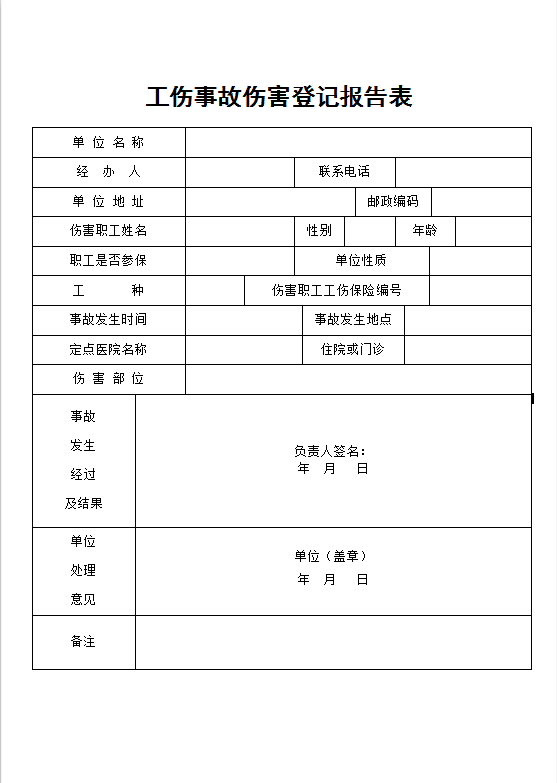 工伤事故伤害登记报告表Word模板