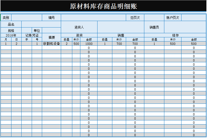 原材料库存商品明细账excel模板