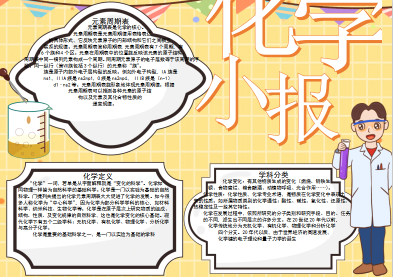 卡通浅黄色化学小报手抄报Word模板