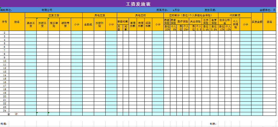 彩色工资发放表excel模板