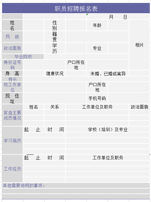 职员招聘报名表excel模板