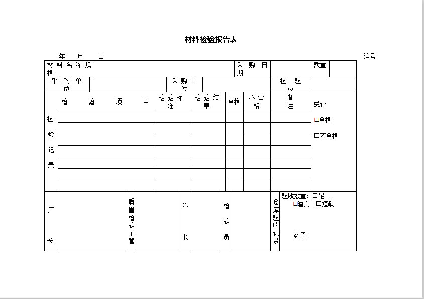 材料检验报告表Word模板