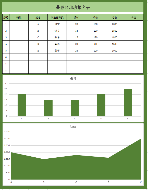 暑假兴趣班报名表excel 模板