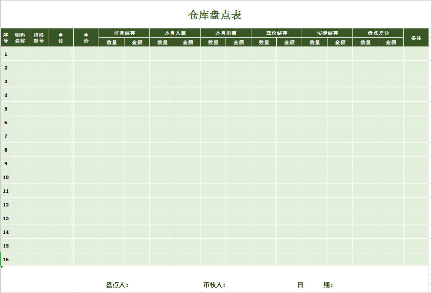 绿色仓库盘点表Excel模板