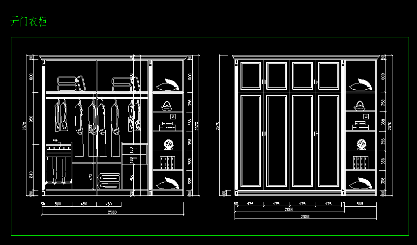 时尚大气四开门衣柜CAD结构图