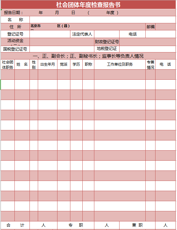 玫红色社会团体年度检查报告书excel模板