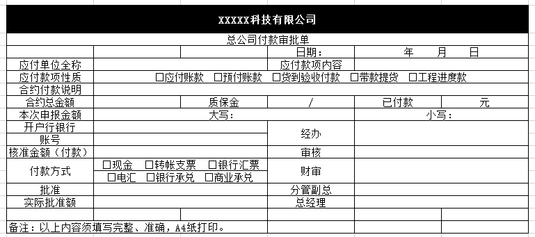 付款申请单excel模板