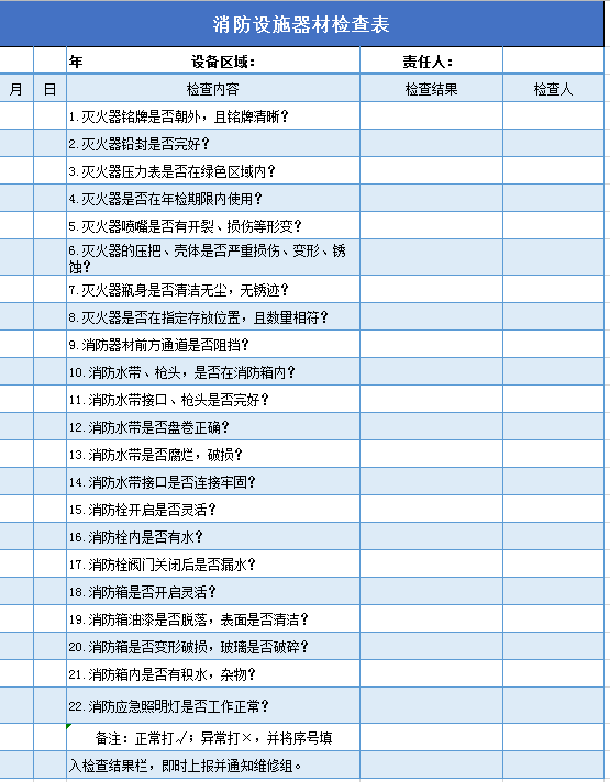 消防设施器材检查表excel模板